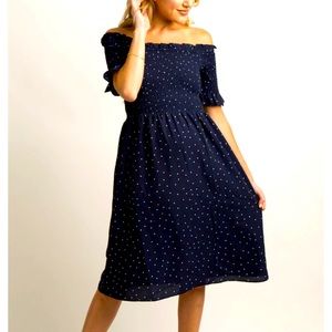 Navy Polka Dot Smocked Maternity Dress